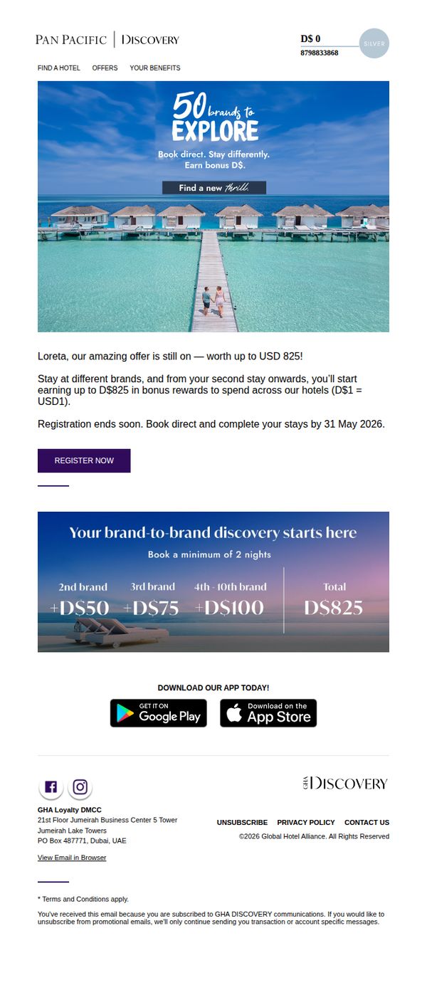 6. Pan Pacific Hotel Perth: Loreta, your D$825 reminder.