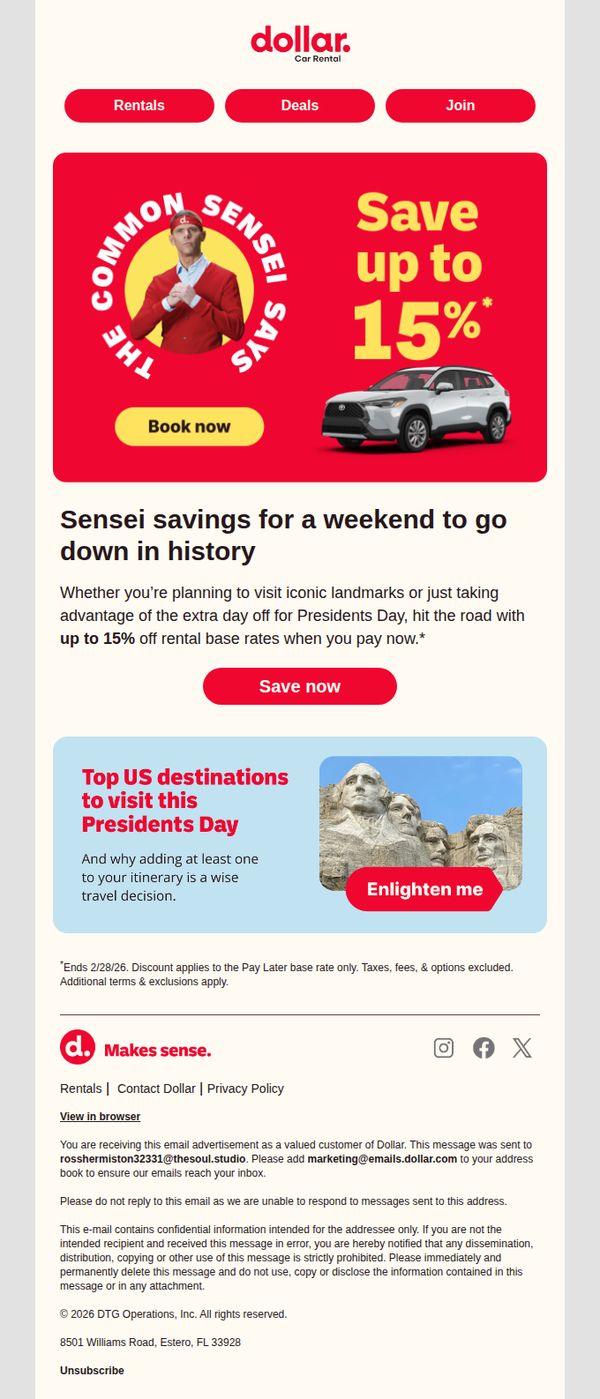 9. Dollar: 🚗 Rossher: Save up to 15% over the long weekend!
