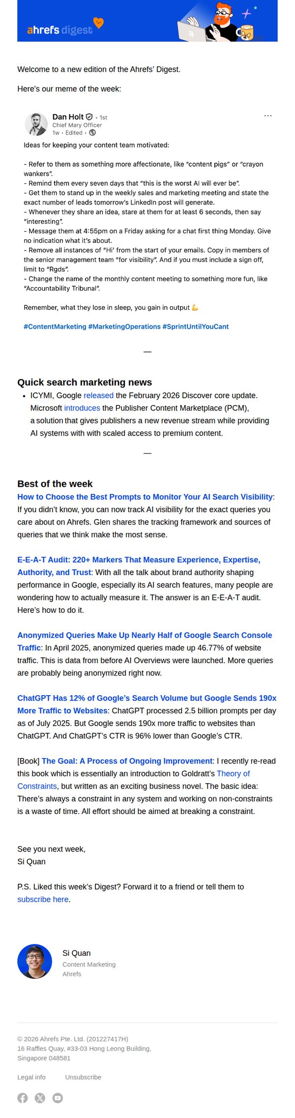 9. Ahrefs: Ahrefs’ Digest #261: Custom AI prompt tracking, EEAT audit, and more