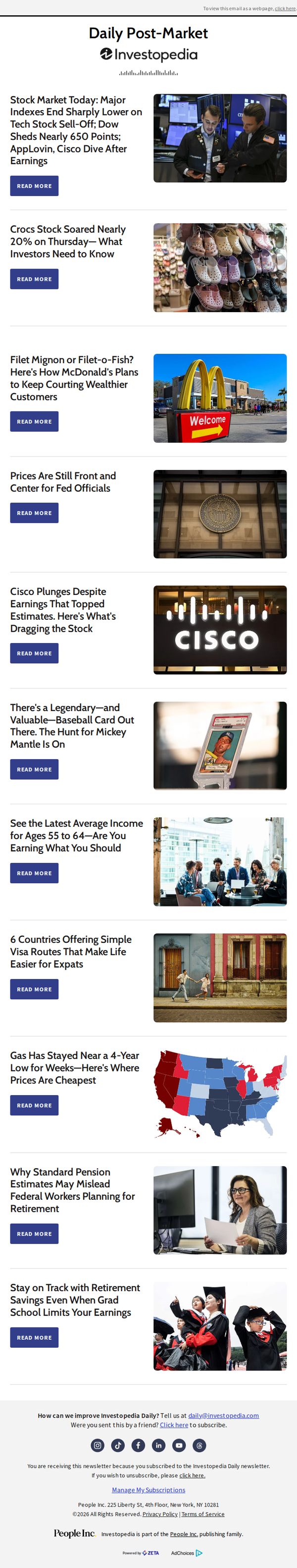 6. Investopedia: Stock Market Today: Major Indexes End Sharply Lower on Tech Stock Sell-Off; Dow Sheds Nearly 650 Points; AppLovin, Cisco Dive After Earnings