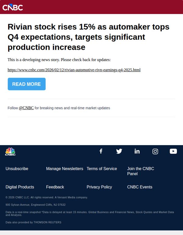 7. CNBC Europe: Rivian stock rises 15% as automaker tops Q4 expectations, targets significant production increase