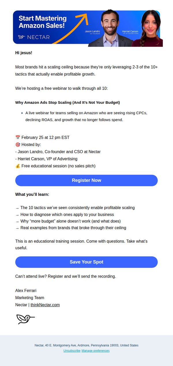 7. Nectar: Free Webinar: Scale Amazon Sales Without Wasting Budget