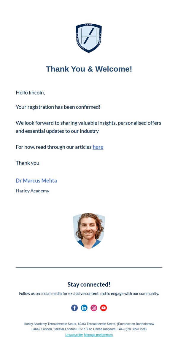 10. Harley Academy : Newsletter Confirmation