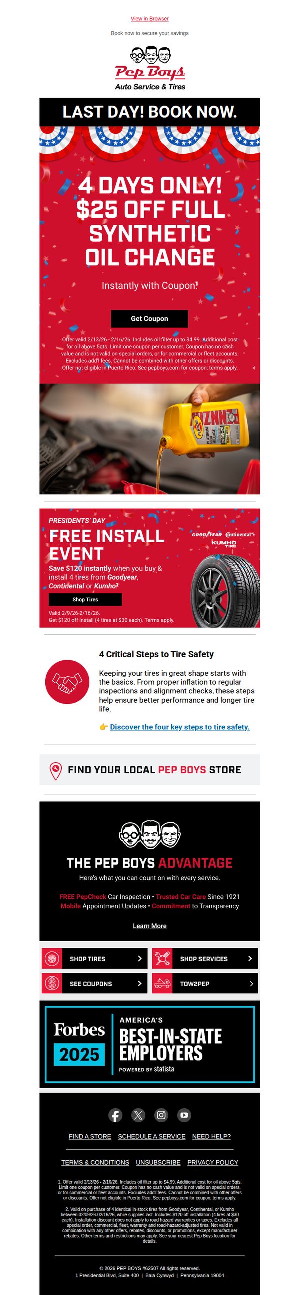 7. Pep Boys: 💥Last Chance! $25 Off Your Oil Change + Free Install Event Ends Today
