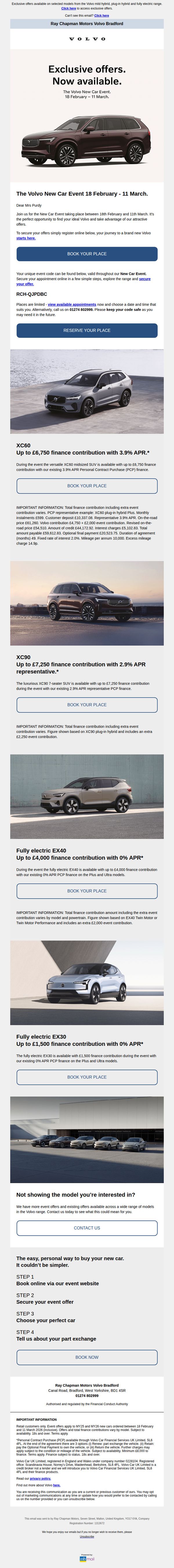 6. Ray Chapman Motors: Mrs Purdy, The Volvo New Car Event starts tomorrow