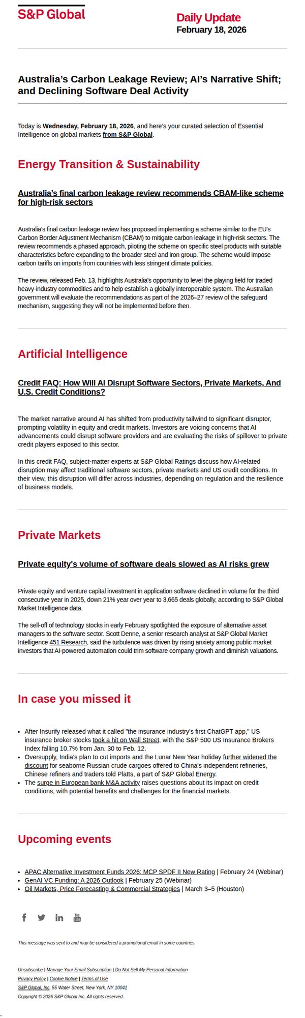 6. S&P Global: Daily Update: Australia’s Carbon Leakage Review; AI’s Narrative Shift; and Declining Software Deal Activity — February 18, 2026