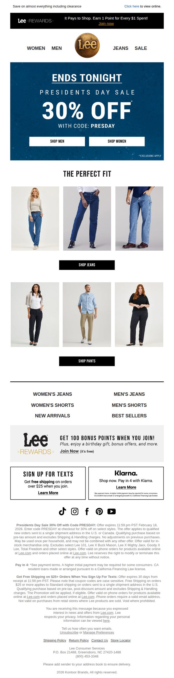 7. Lee: 30% Off Presidents Day Sale Ends Tonight
