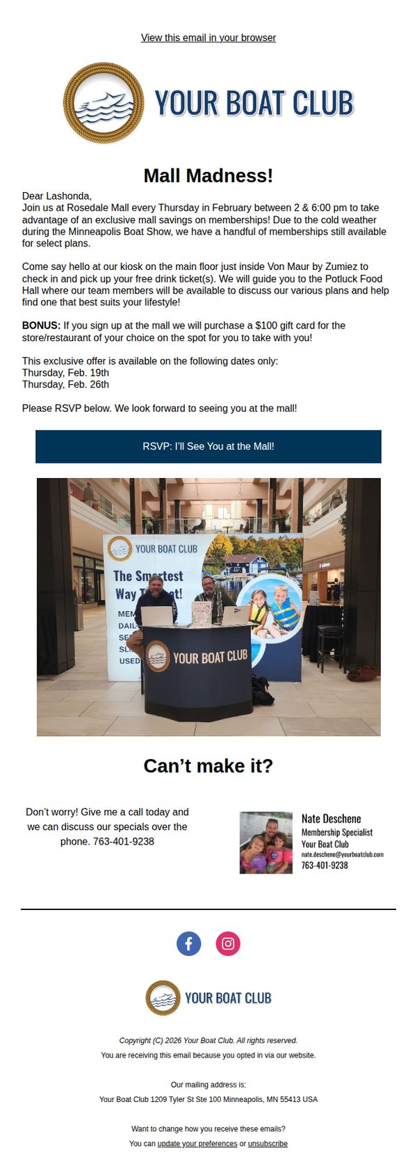 6. Your Boat Club: $100 Mall Gift Card