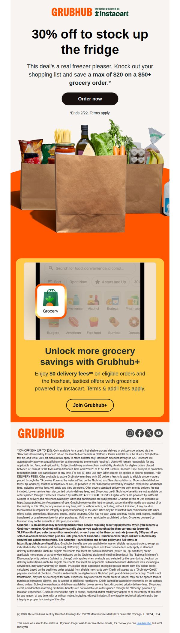 9. Grubhub: Reminder: 30% off groceries 🥦🧀