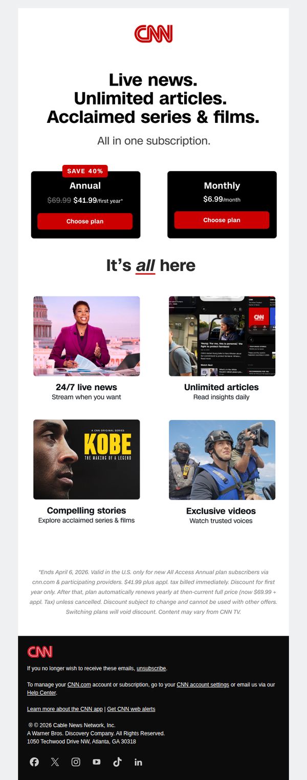 7. Stream CNN anytime for 40% off.