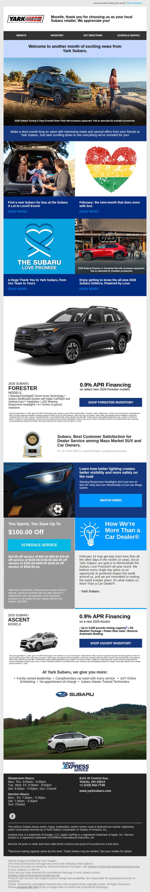 6. Yark Subaru : Find sweet savings in February’s Yark Subaru newsletter