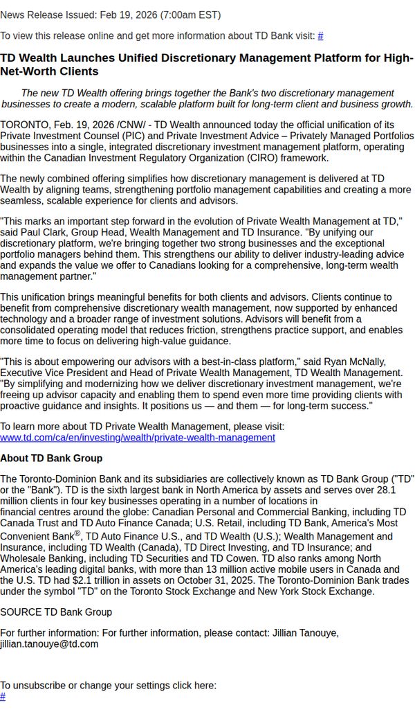 6. TD Wealth Launches Unified Discretionary Management Platform for High-Net-Worth Clients