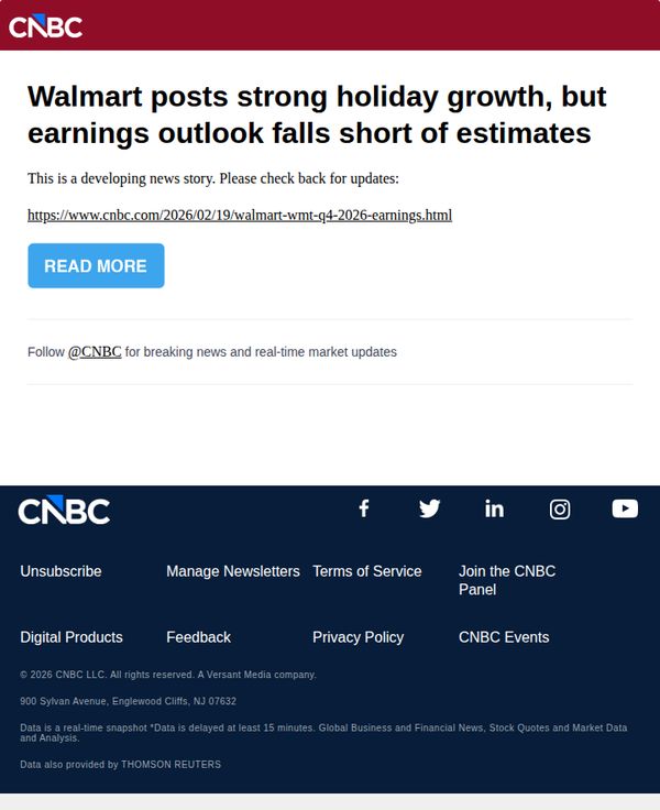 10. CNBC Europe: Walmart posts strong holiday growth, but earnings outlook falls short of estimates