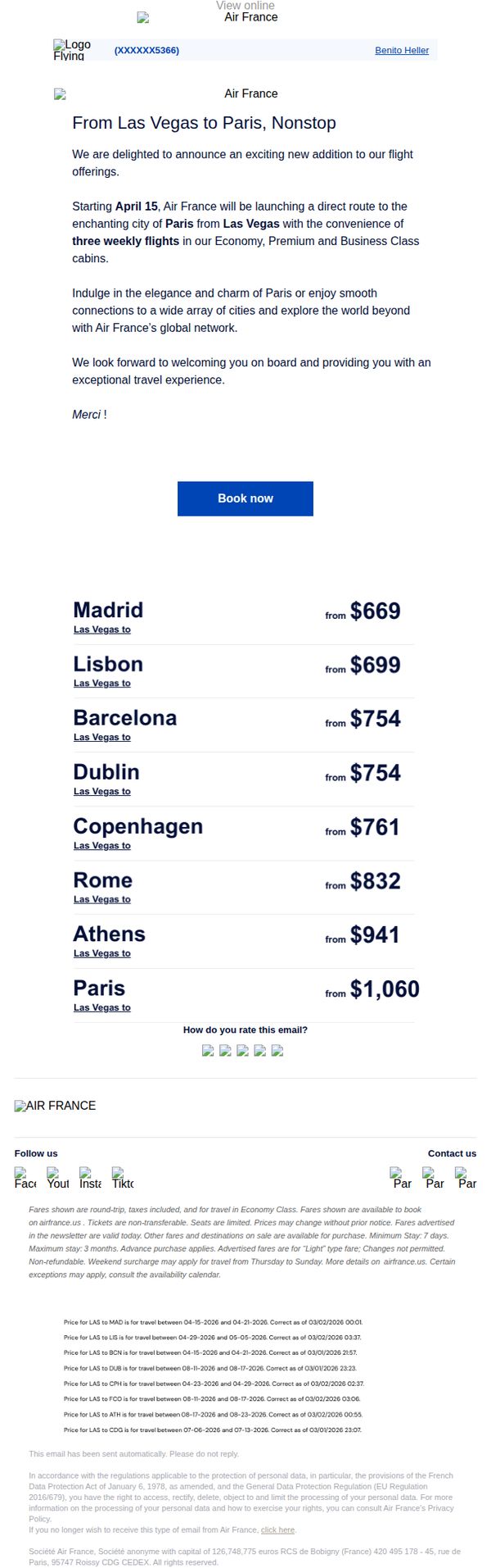 10. Flying Blue - FR: Discover Paris: New direct flights from Las Vegas starting April, 2026.