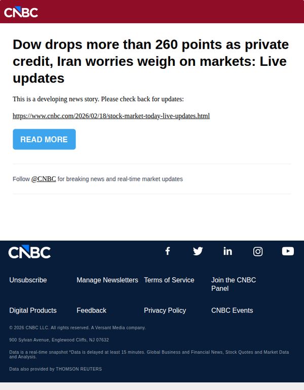 8. CNBC Europe: Dow drops more than 260 points as private credit, Iran worries weigh on markets: Live updates
