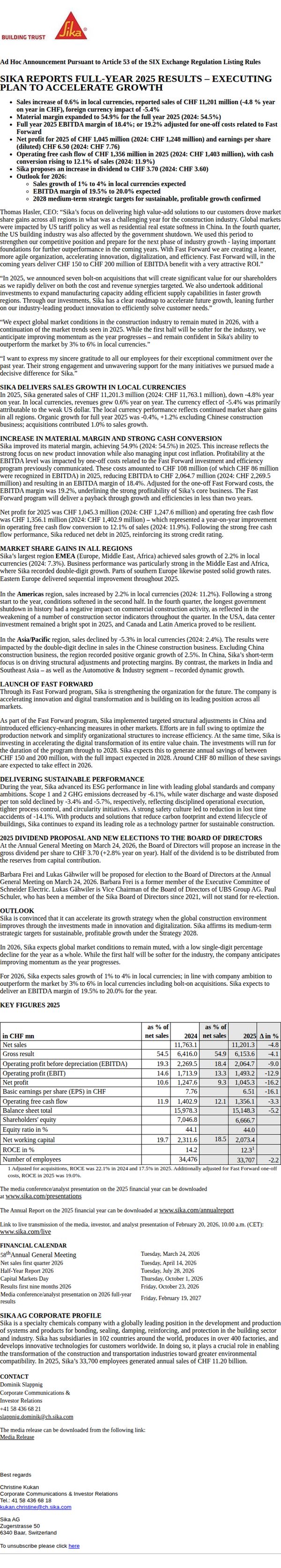 10. Sika: SIKA REPORTS FULL-YEAR 2025 RESULTS –  EXECUTING PLAN TO ACCELERATE
 GROWTH