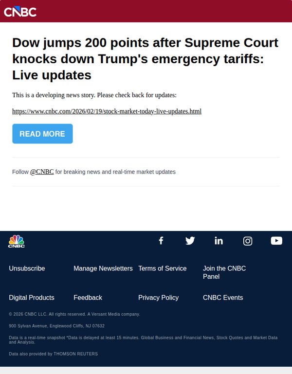 10. CNBC Europe: Dow jumps 200 points after Supreme Court knocks down Trump's emergency tariffs: Live updates