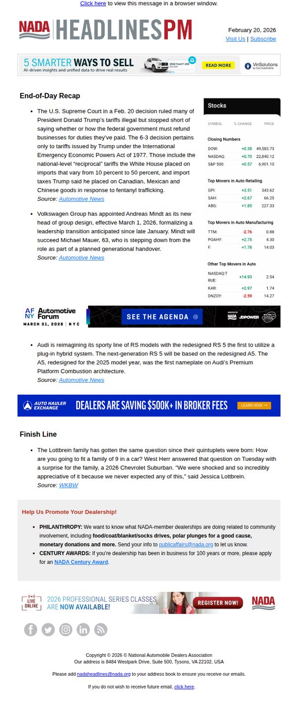 8. National Automobile Dealers Association (NADA): U.S. Supreme Court Strikes Down Some Trump Tariffs; Auto Duties Remain In Place