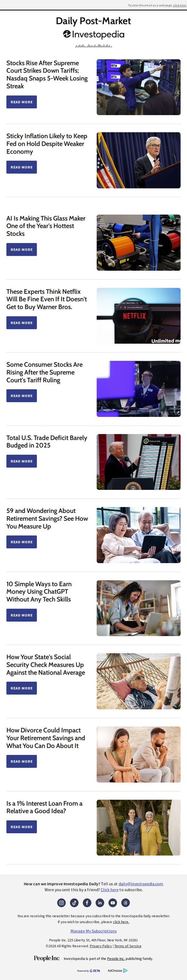 7. Investopedia: Stocks Rise After Supreme Court Strikes Down Tariffs; Nasdaq Snaps 5-Week Losing Streak