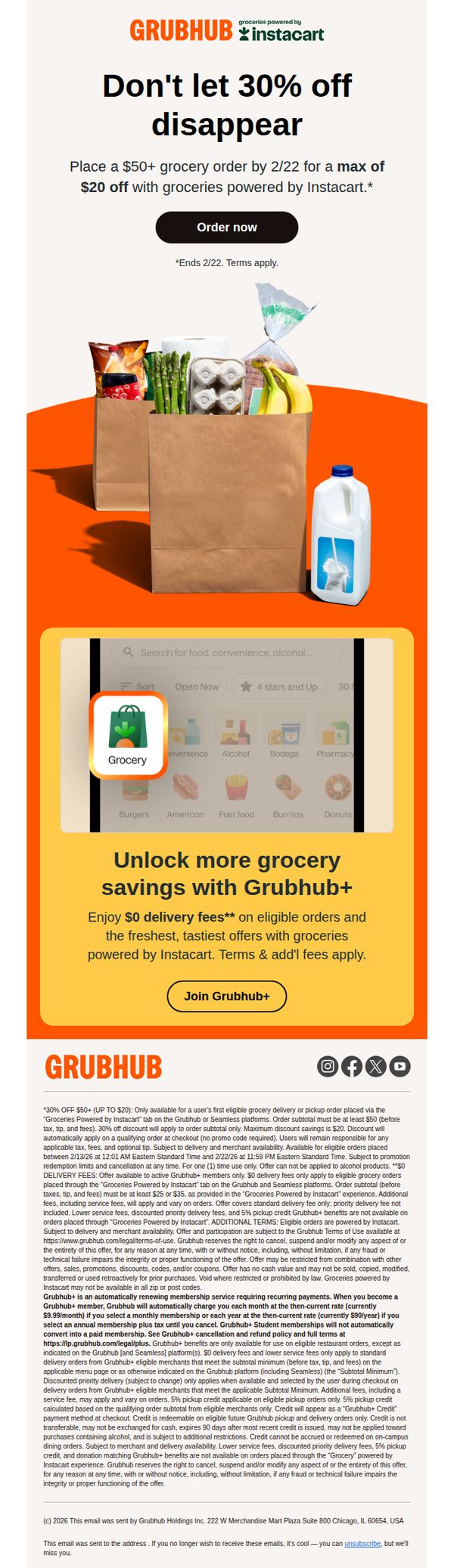 6. Grubhub: Last call! 30% off groceries 🛒