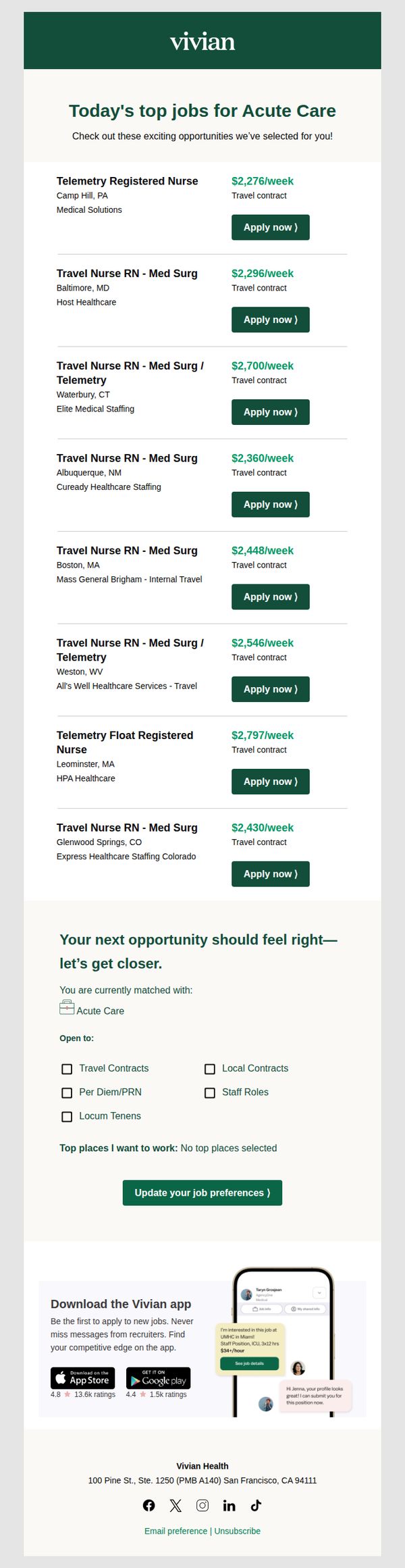 7. Vivian Health: $2,797/week contract in Leominster, MA for Telemetry Float Registered Nurse