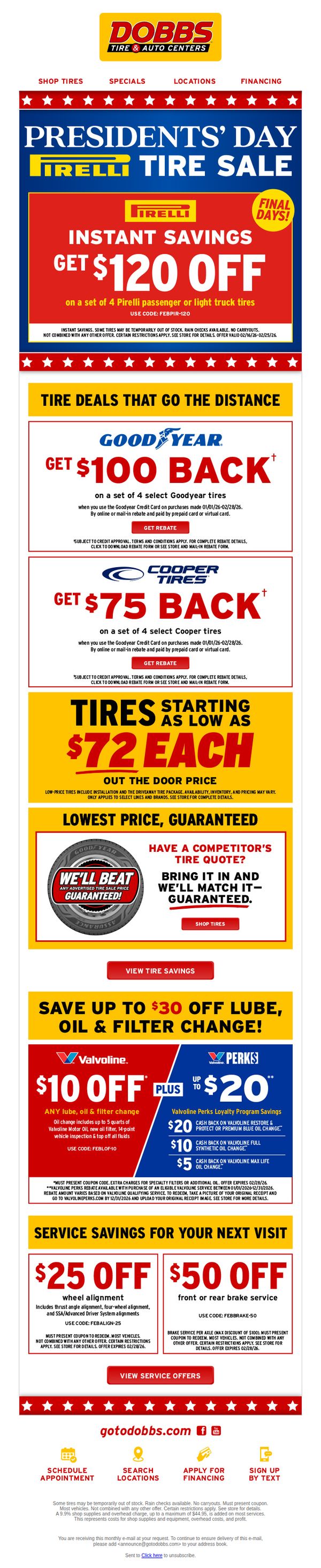 6. Dobbs: FINAL DAYS – Presidents' Day Pirelli Tire Sale