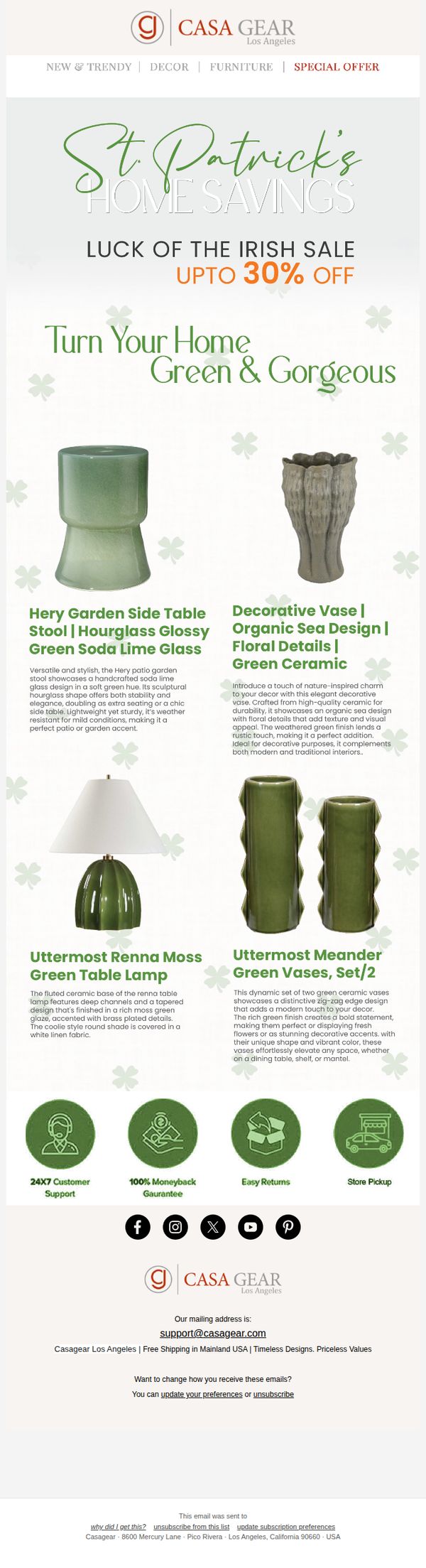 8. Casagear: 🍀 Lucky Deals Are Here – Up to 30% Off