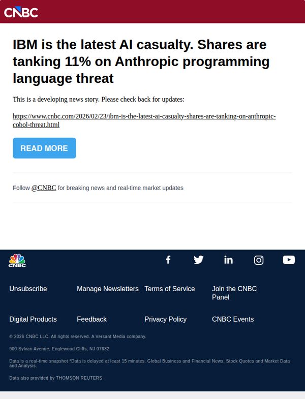 8. IBM is the latest AI casualty. Shares are tanking 11% on Anthropic programming language threat