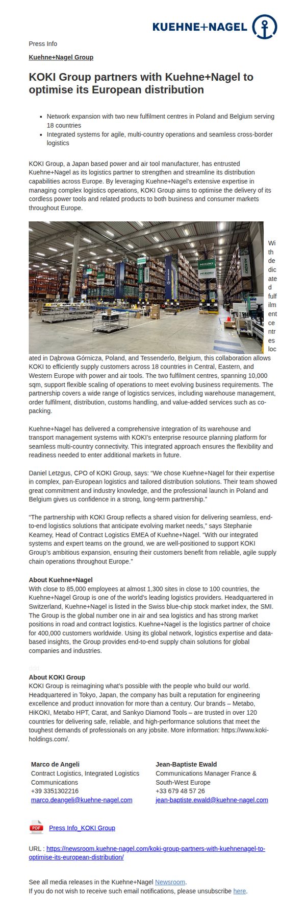 8. KOKI Group partners with Kuehne+Nagel to optimise its European distribution