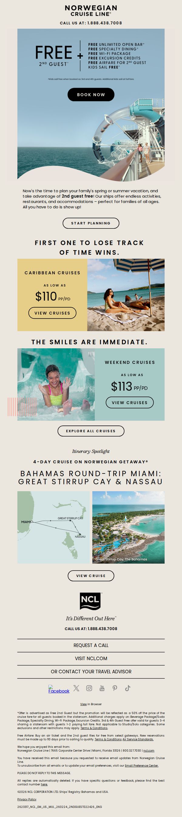 9. Norwegian Cruise Line (NCL): ☀️ Sunny Escapes + Second Guest Free