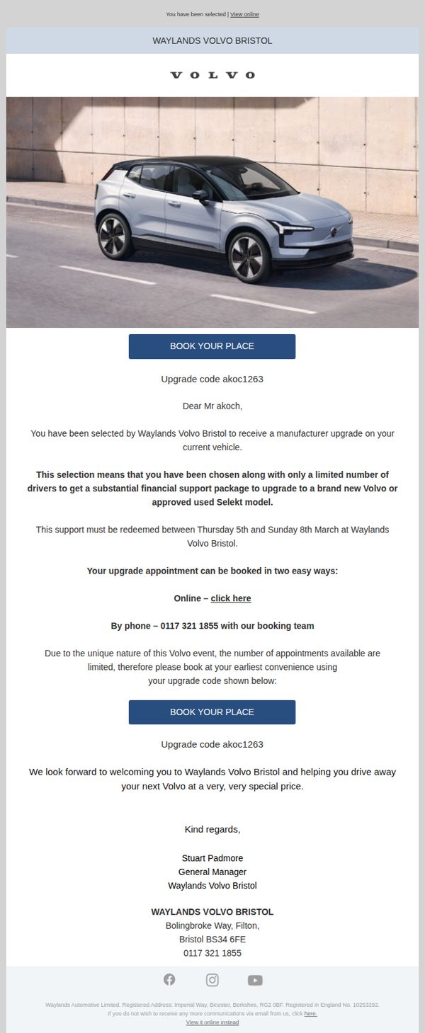 6. Waylands Volvo: Mr akoch, this is your personal upgrade opportunity