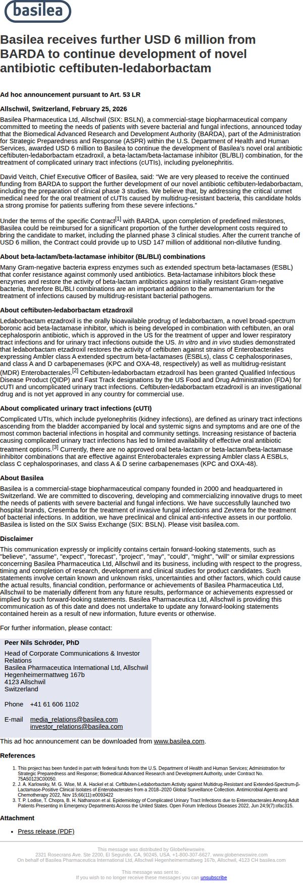 10. Basilea Pharmaceutica: Basilea receives further USD 6 million from BARDA to continue development of novel antibiotic ceftibuten-ledaborbactam