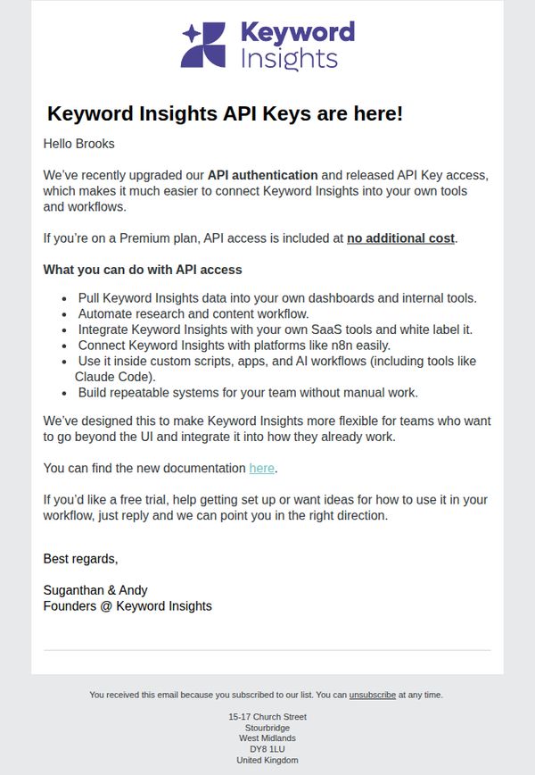 8. Keyword Insights: Connect Keyword Insights to n8n, scripts, and internal tools easily.