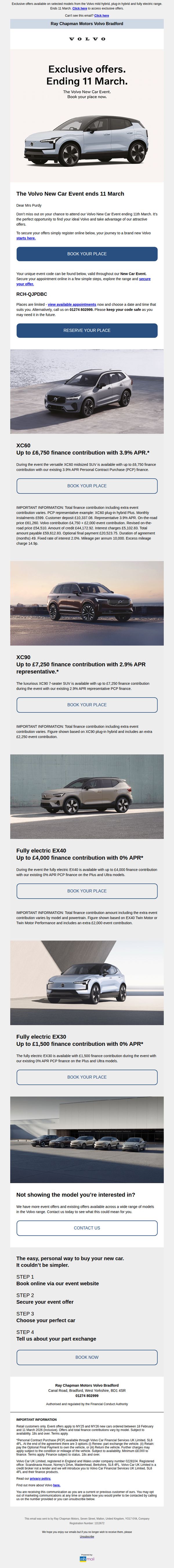 8. Ray Chapman Motors: Mrs Purdy, Your last chance to register for the Volvo New Car Event