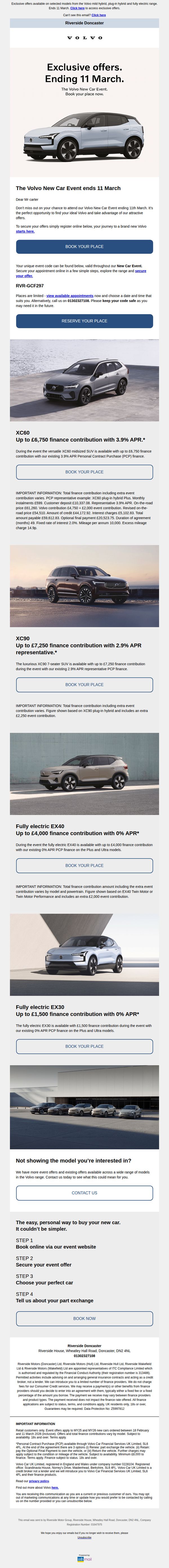 10. Riverside Volvo: Mr carter, Your last chance to register for the Volvo New Car Event
