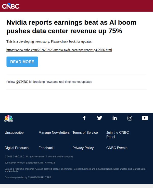 10. CNBC Europe: Nvidia reports earnings beat as AI boom pushes data center revenue up 75%