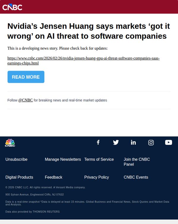 6. CNBC Europe: Nvidia’s Jensen Huang says markets ‘got it wrong’ on AI threat to software companies