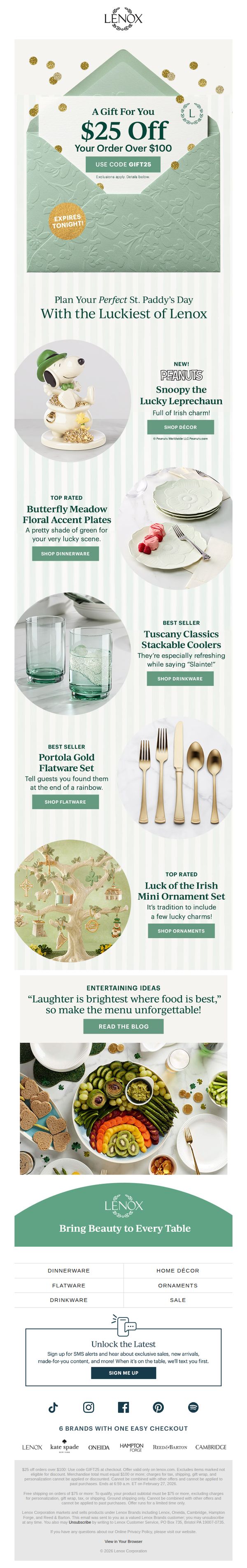 8. Lenox: Lucky You ☘️ Take $25 Off (Last Day!)