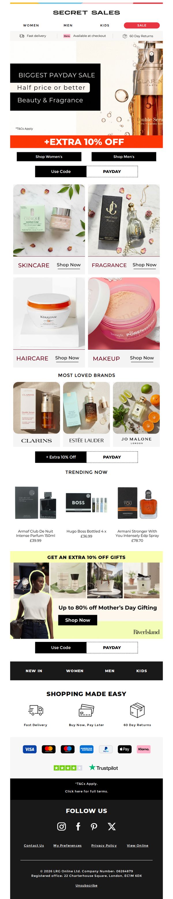 9. Secret Sales - UK: Half Price + Extra 10% off Beauty & Fragrance
