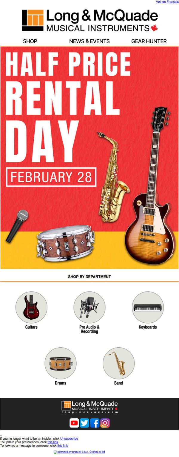 7. Long & McQuade Musical Instruments: This Saturday is half price rental day at Long & McQuade!