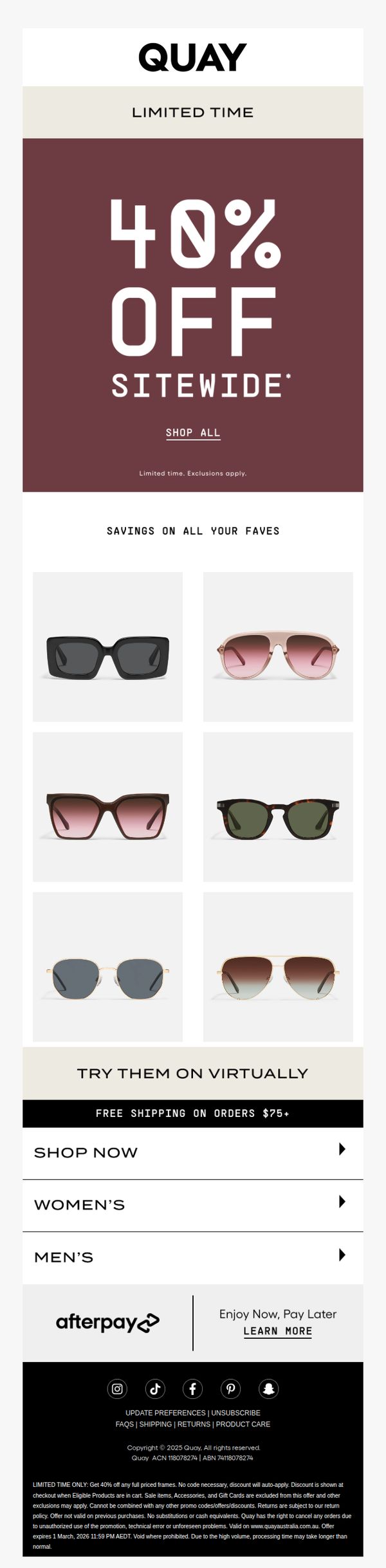 10. Quay Australia: ⚡ 40% OFF EVERYTHING