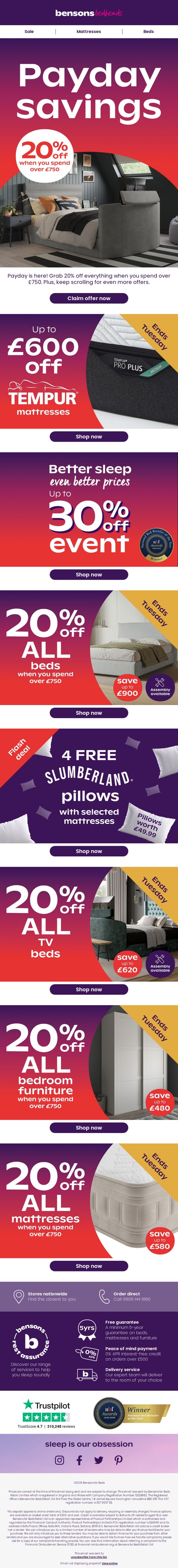 9. Bensons for Beds: Payday Savings! 20% Off When You Spend Over £750