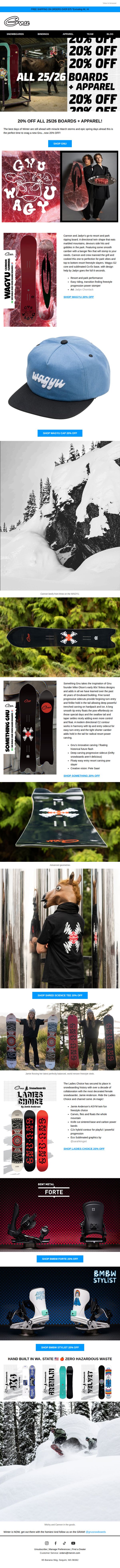 8. GNU: 20% OFF ALL 25/26 BOARDS + APPAREL!