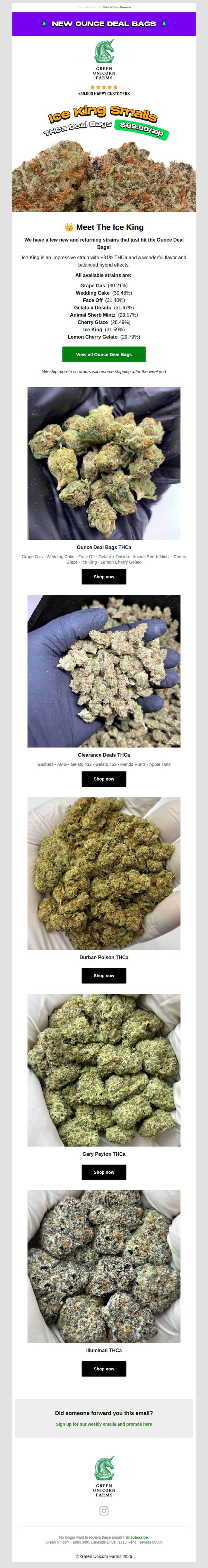 10. Green Unicorn Farms: ❄️👑 Ice King Ounce Deal Bags @ 31.59% THCa