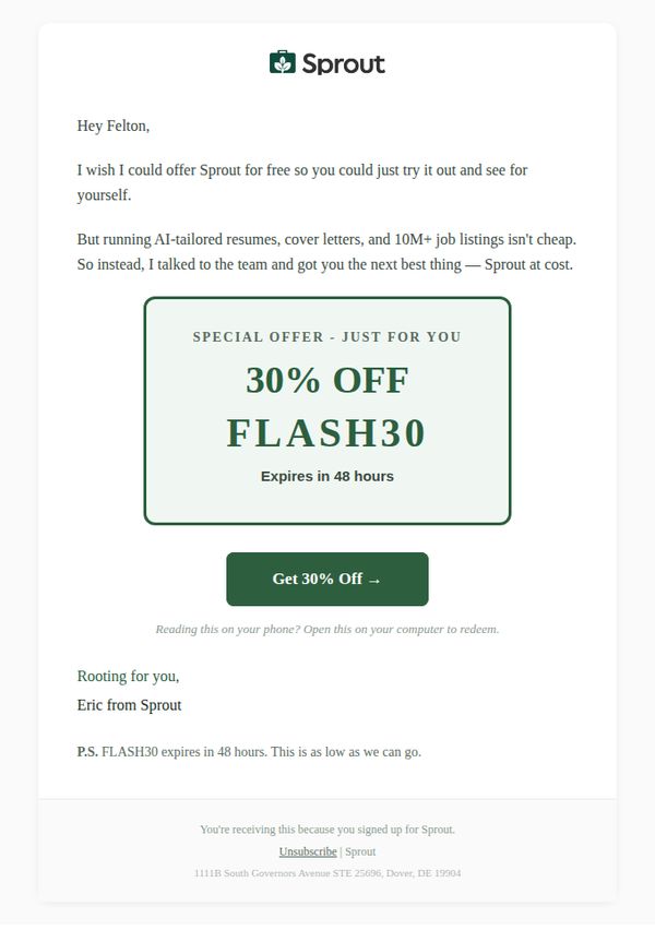 8. Sprout: I got you 30% off
