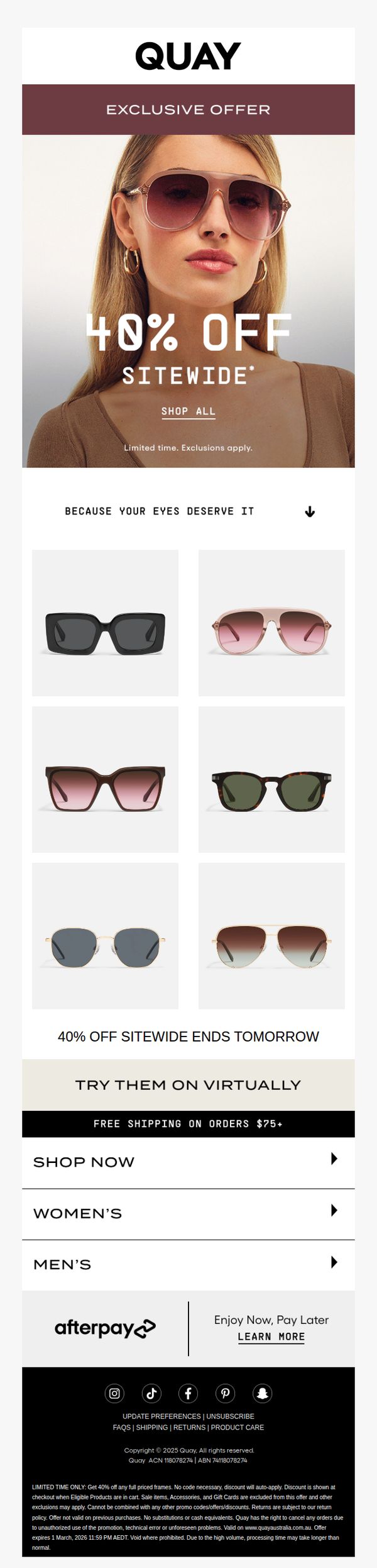 10. Quay Australia: 40% OFF HAPPENING NOW 🛍️