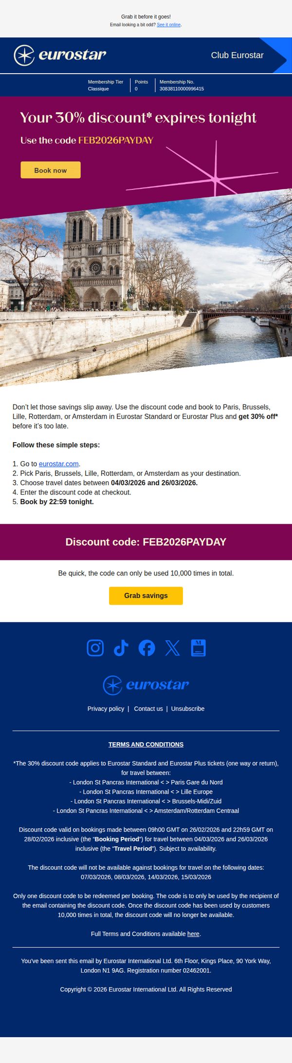 8. Eurostar: 🚨 Your 30% discount expires tonight🚨