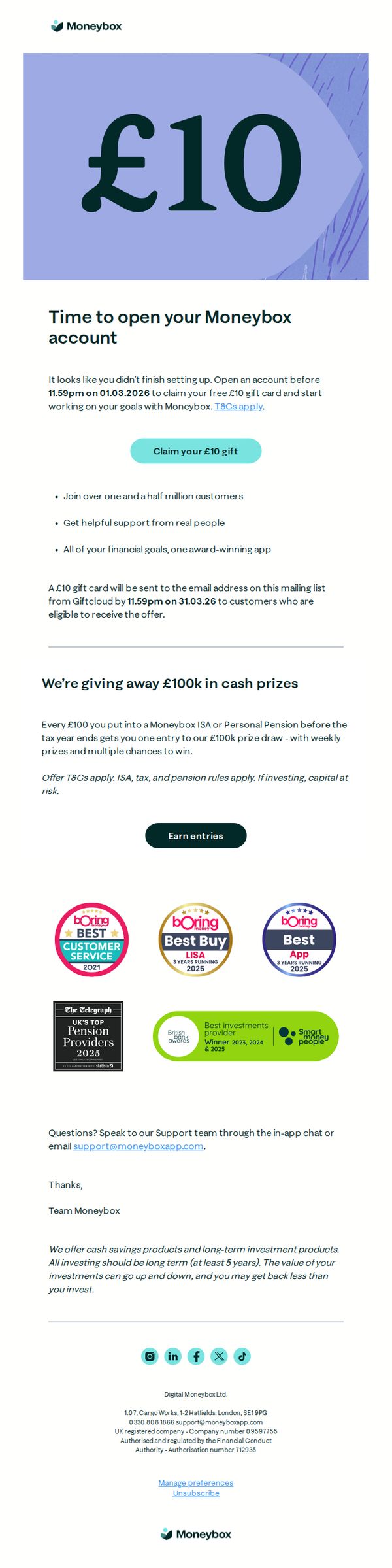 6. Moneybox: Claim your £10 gift card