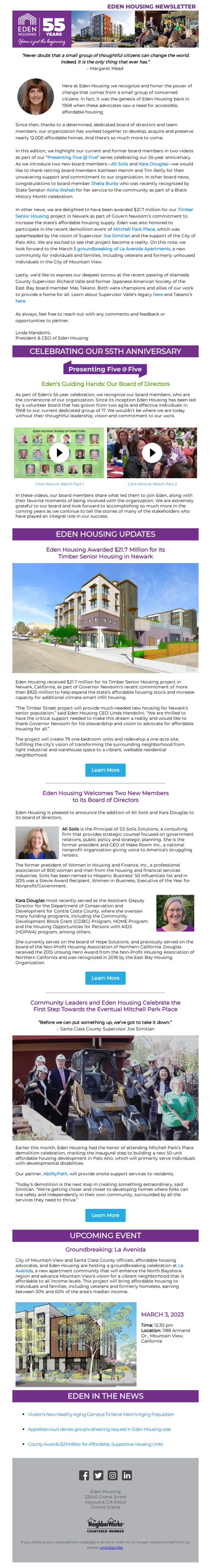8. Eden Housing receives $21.7M for Timber Senior Housing project; Organization welcomes new board members; Mitchell Park Place project kicks off with demolition party