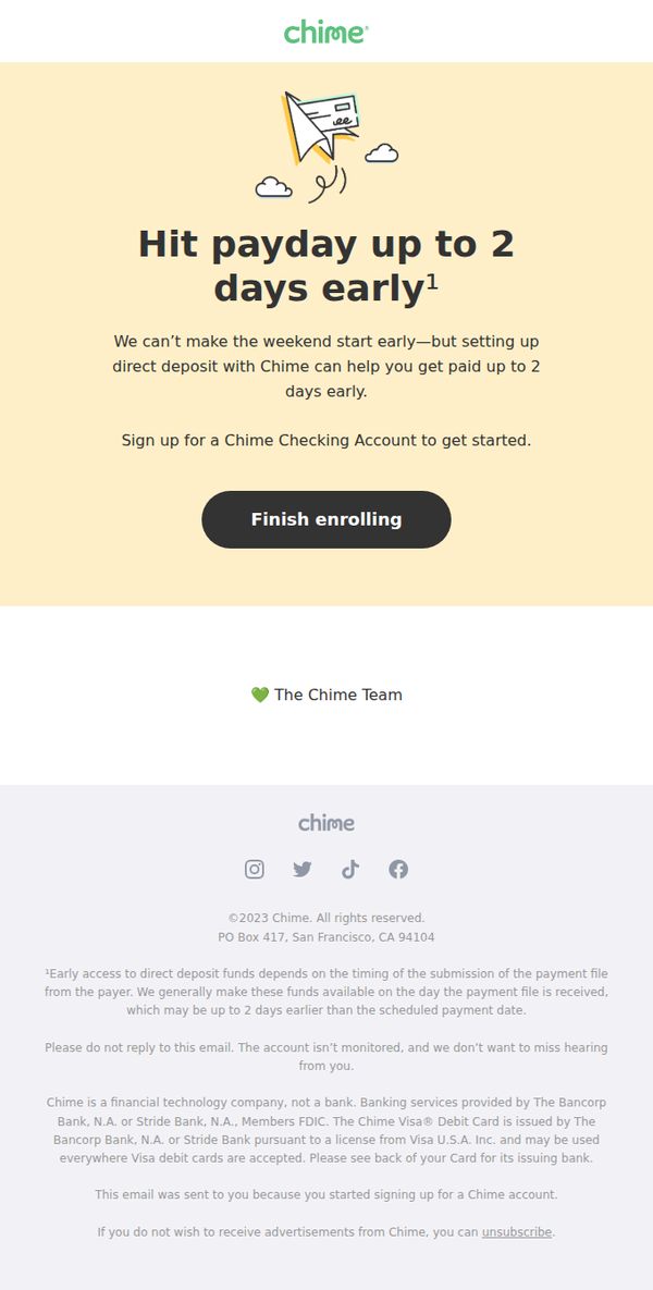 6. Chime helps you Get Paid up to 2 Days Early
